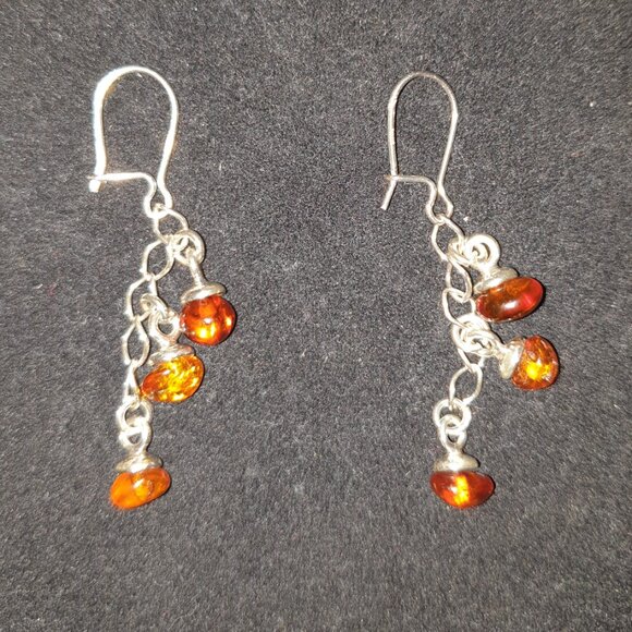 3 Strand 925 Sterling Silver and Genuine Baltic Amber Dangle Earrings - Picture 4 of 8